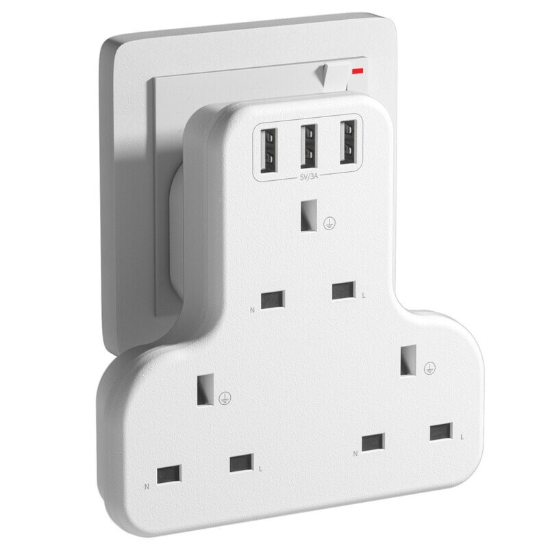 USB Plug Extension with 3 USB Ports, 3 Way USB Socket Extension, 6-in-1 USB Outlet Plug Extender for Household Appliances, iPhone, Smartphone Tablets, Ideal for Home Office Bedroom, 13A 3250W