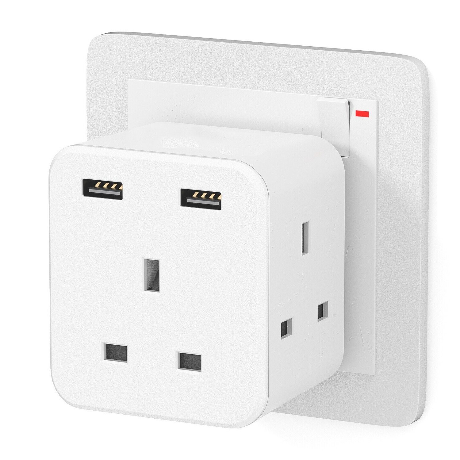 3 Way Plug Adapter with 2 USB, Multi Plug Extension with USB Slots, 13A UK Plug Extender Socket Extensions, Triple Plug Adaptor Cube, 3 Pin Plugs Wall Power Sockets for Home Kitchen Office