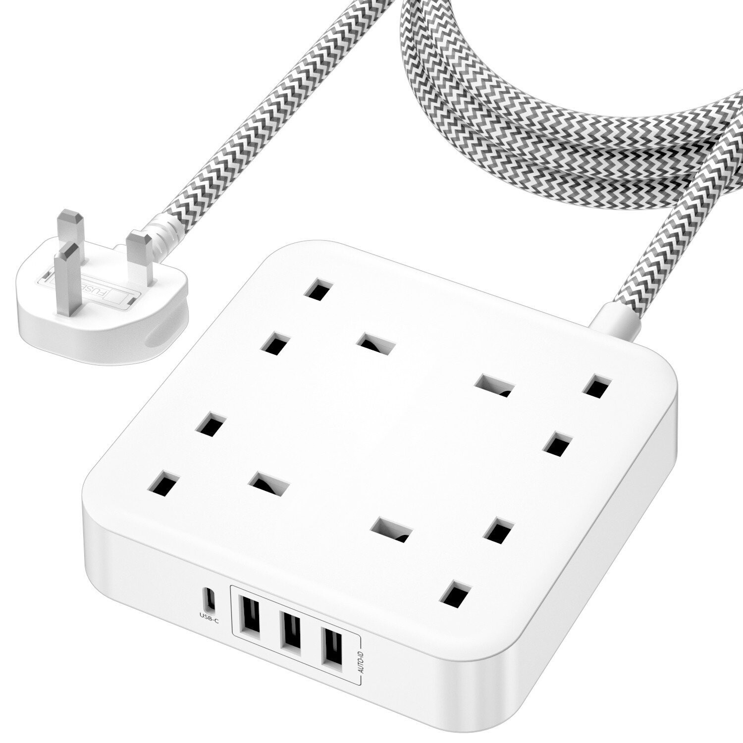 Extension Lead with USB C Port, 3250W 13A, 4 Way Outlets Power Strip with 1 USB-C and 3 USB Slots, Multi Power Plug Extension with 1.8M Braided Extension Cord for Home Office, White