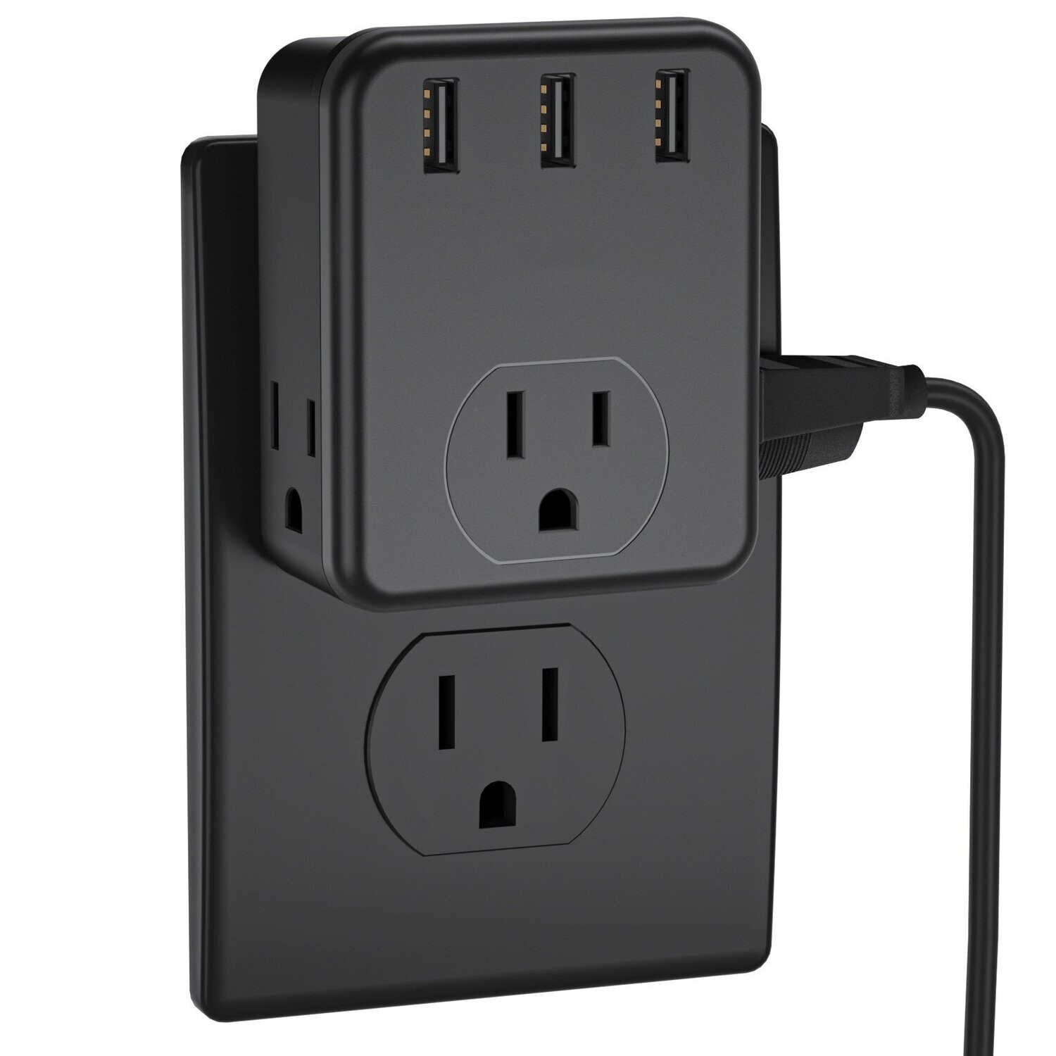 Multi Plug Outlet Extender, 3 Outlets Splitter with 3 USB Ports, Wall Charger, 3 Prong Plug, Power Charging Box Expander for Home, Office, Hotel, Dorm, Cruise Ship Approved - Black
