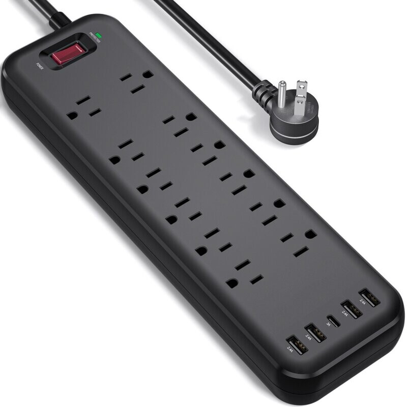 Power Strip, Surge Protector with 12 Outlets & 5 USB Ports(4 USB-A & 1 USB-C), 6Ft Extension Cord (1875W/15A,3600J), Overload Protection, Mountable Flat Plug Power Bar Heavy Duty- ETL Listed