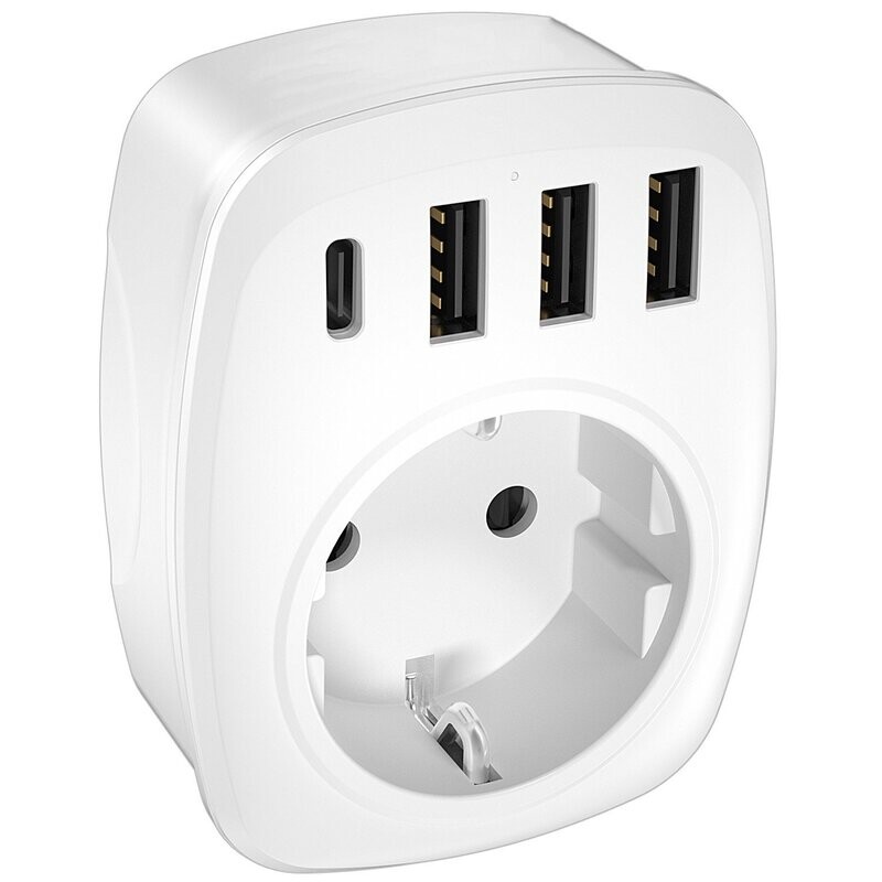 LENPOWER USB Plug Charger Germany with 1 Type C and 3 USB Ports, 1 Way Socket Extension, 5-in-1 USB Outlet Plug Extender
