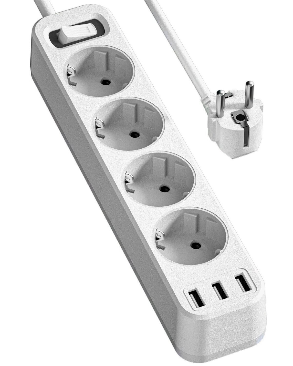 LENPOWER Power Strip 3 USB Ports 2.4A 12W Charger and 4 Outlets 4000W with Switch, 1.5m Cable, Power Strip for Home Office or Kitchen, White