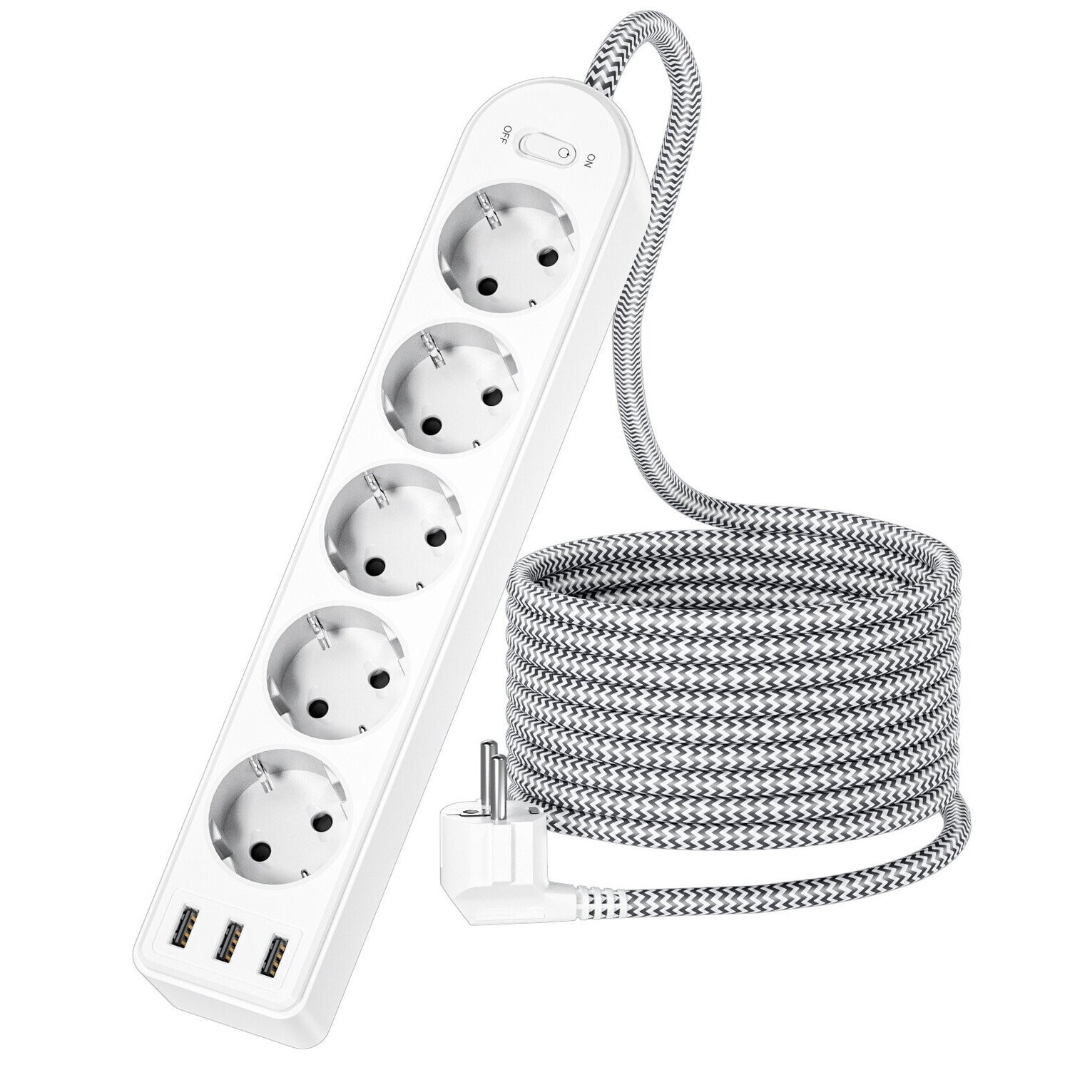 LENPOWER 5-Way Power Strip 8-in-1 Multi-Socket Power Strip 4000 W with 3 USB, Switch, USB Multiple Plug 16 A with 3 Metre Braided Cable for Socket Wall Socket