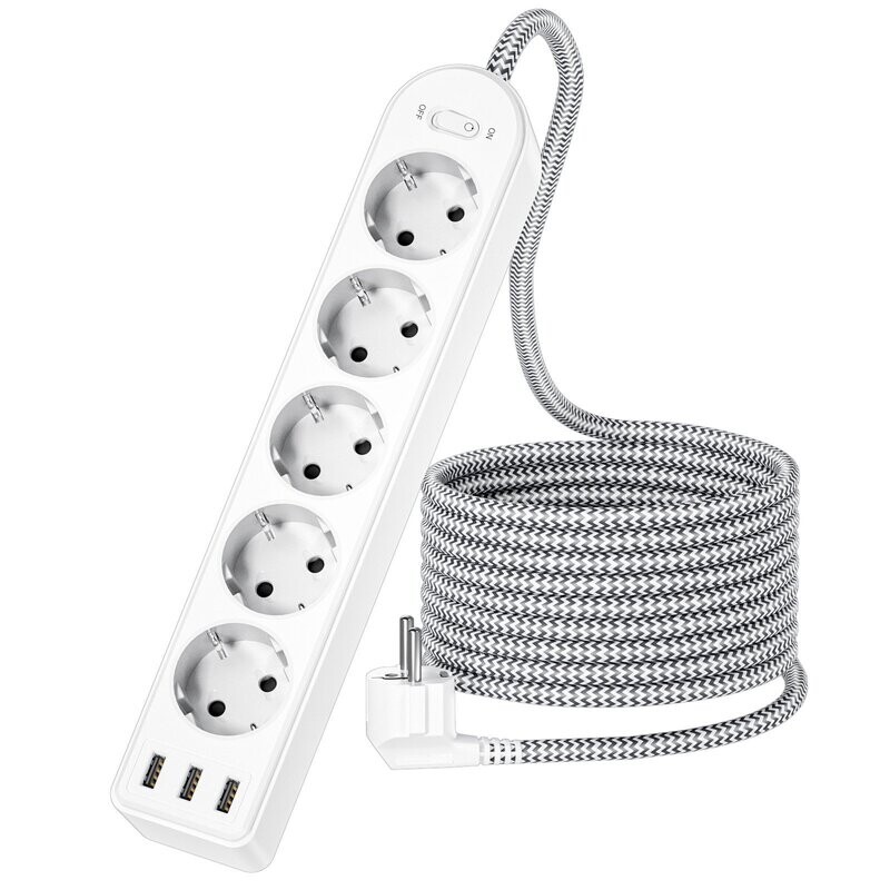 LENPOWER 5-Way Power Strip 8-in-1 Multi-Socket Power Strip 4000 W with 3 USB, Switch, USB Multiple Plug 16 A with 3 Metre Braided Cable for Socket Wall Socket LENPOWER 5-Way Power Strip 8-in-1 Multi-Socket Power Strip 4000 W with 3 USB, Switch, USB Multiple Plug 16 A with 3 Metre Braided Cable for Socket Wall Socket