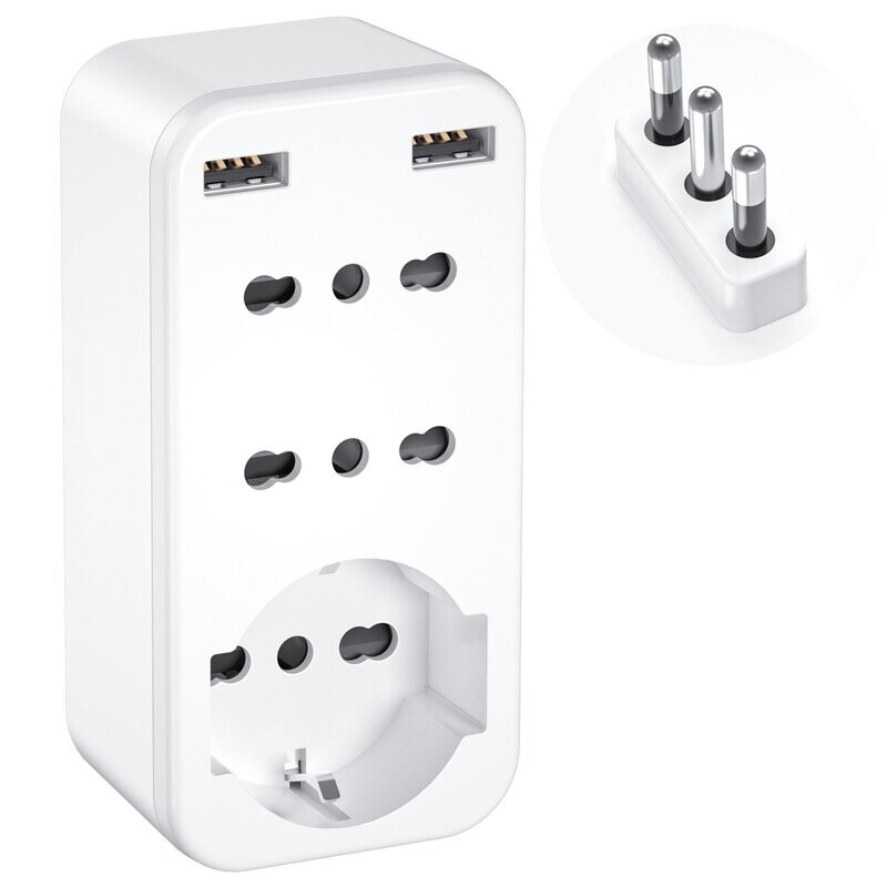 LENPOWER USB Multi Socket, Space Saving Multiple Socket, Multi Socket Adapter, 2 USB Ports (5 V, max 2.4 A), 3 Sockets (2 ITA / 1 German Schuko) 16A 4000W, Perfect for Office, Home or Travel