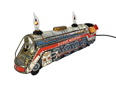 Vintage Silver Mountain Express Tin Litho Toy Train Lamp