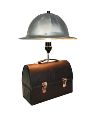3 Way touch lamp Vintage black lunch box with hard hat shade