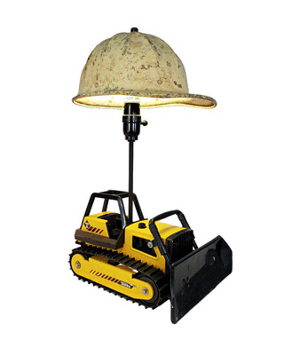 Yellow Tonka bulldozer lamp with Hardhat shade.