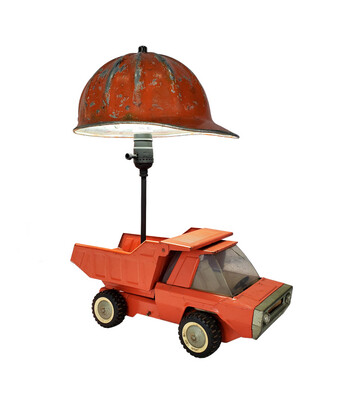 Orange Buddy L dump truck lamp with hard hat shade