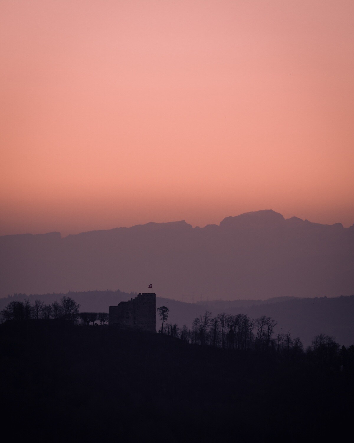 Schloss Habsburg im Sonnenaufgang mit den Alpen