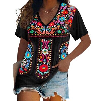 Mexican with floral embroidery T-shirt