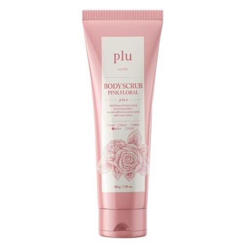 Plu Walnut Body Scrub, 3-in-1 Total Care Solution, Exfoliate Moisturize and Glow [Pink Floral/200g]