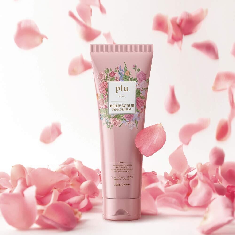 Plu Walnut Body Scrub, 3-in-1 Total Care Solution, Exfoliate Moisturize and Glow [Pink Floral/200g]