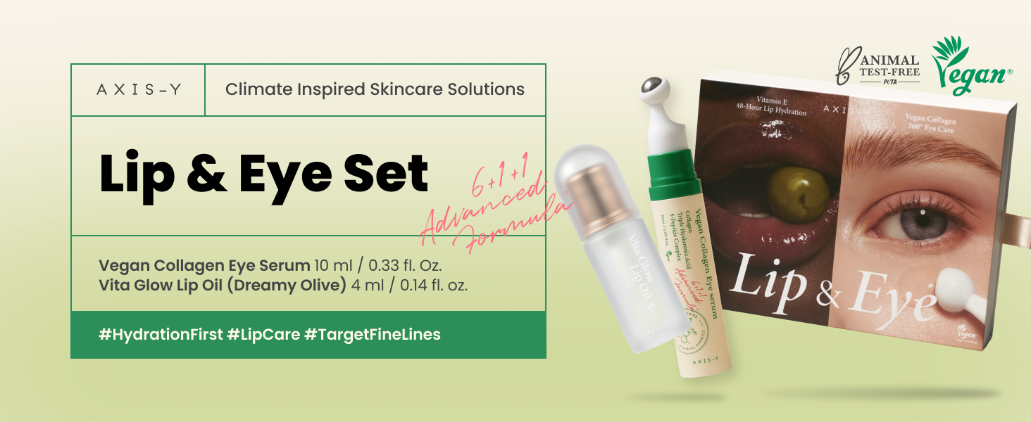 AXIS-Y Lip &amp; Eye Set - Vita Glow Lip Oil Dreamy Olive &amp; Vegan Collagen Eye Serum