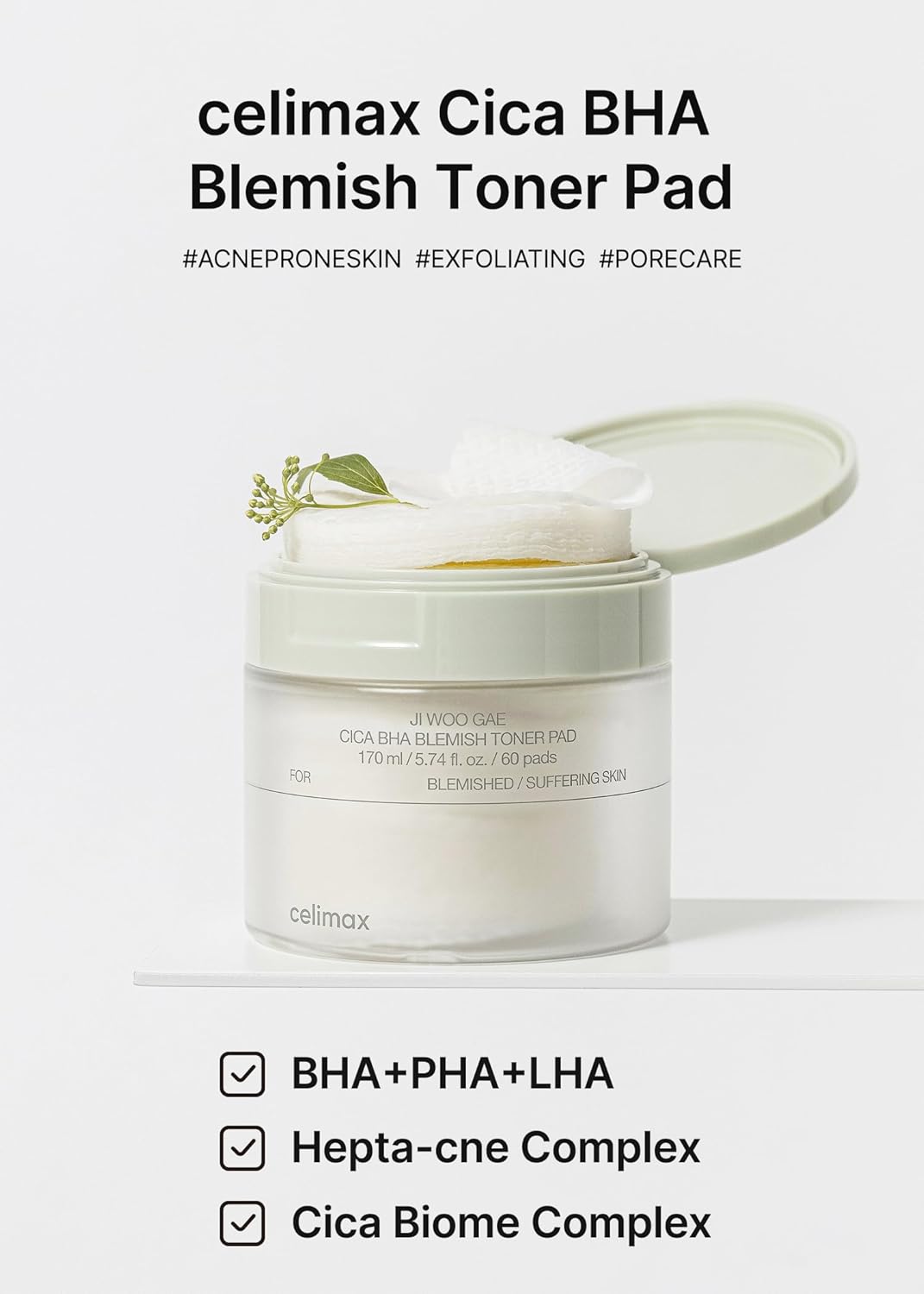 CELIMAX Ji Woo Gae Cica BHA Blemish Toner Pad 60 Pads
