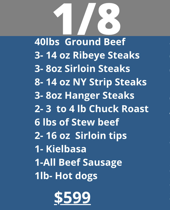 1/8 Beef Side Package FREE delivery to a large portion of Florida