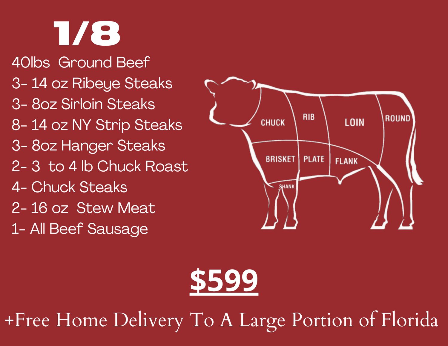 1/8 Beef Side Package FREE delivery to a large portion of Florida