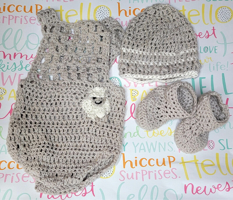 Handcrafted Crochet Giggly Grey 0-3 Month Jumper 3 Piece Set