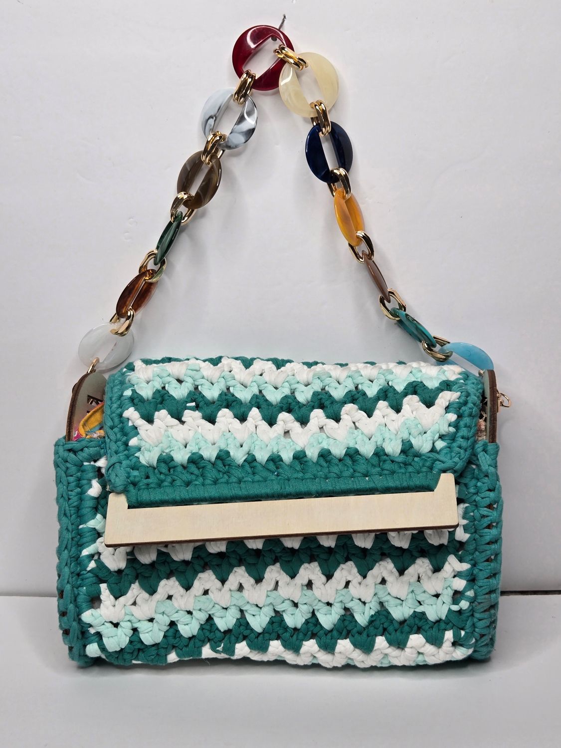 Teal Ombre Clutch Purse with Wooden Accents