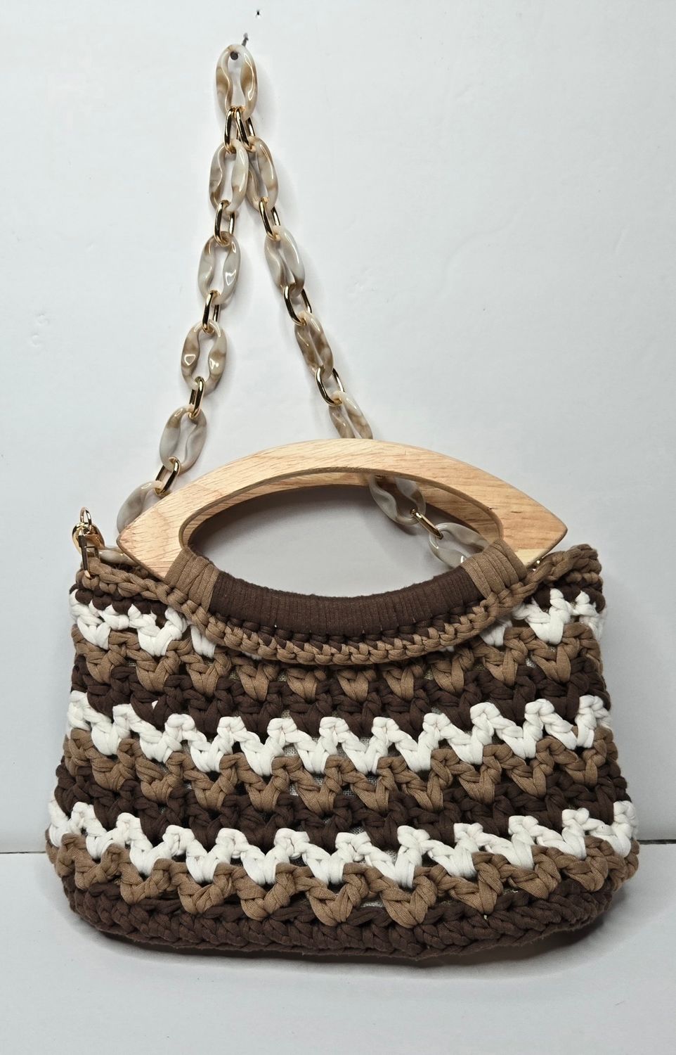 Crocheted Brown Ombre Purse with Wooden Almond Handles