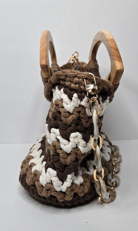Crocheted Brown Ombre Purse with Wooden Almond Handles