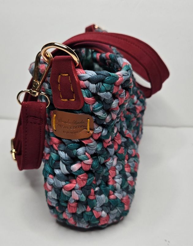 Multi-Colored Crocheted Crossbody Bag with Red Vegan Leather Accents