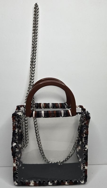 Black, White, and Brown Crocheted Stadium/Concert/Festival Bag with Crossbody Strap (See Thru)