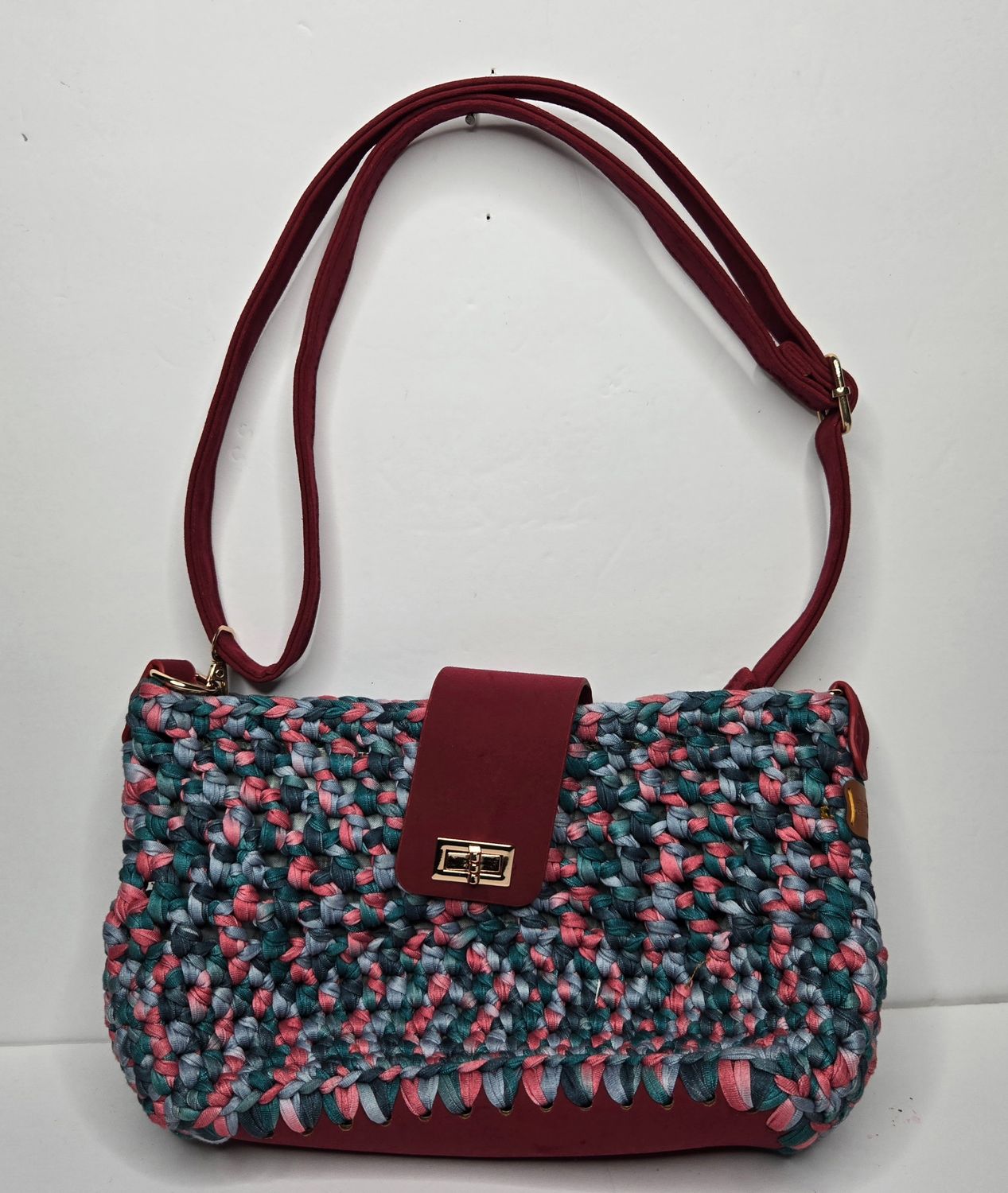 Multi-Colored Crocheted Crossbody Bag with Red Vegan Leather Accents