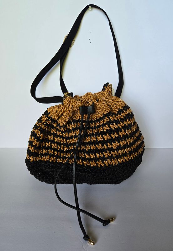 Large Handmade Crochet Bucket Bag in Tan &amp; Black