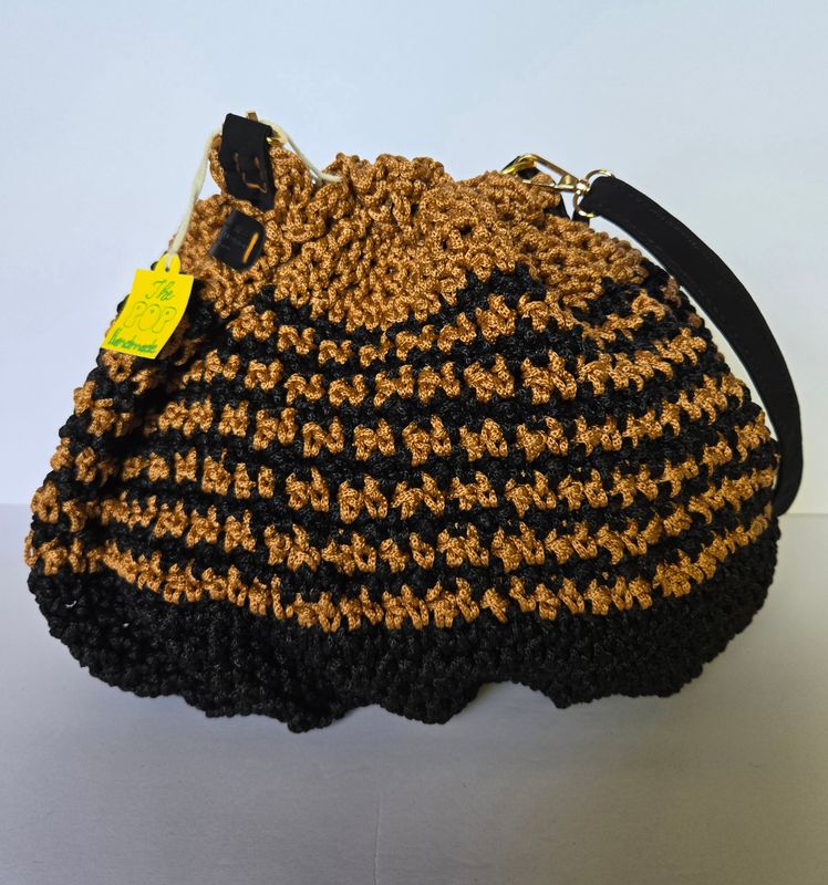 Large Handmade Crochet Bucket Bag in Tan &amp; Black