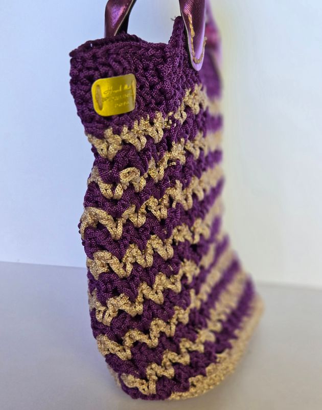 Large Hand Crocheted Purple and Gold Tote Bag with Top  Handles, Fully Lined