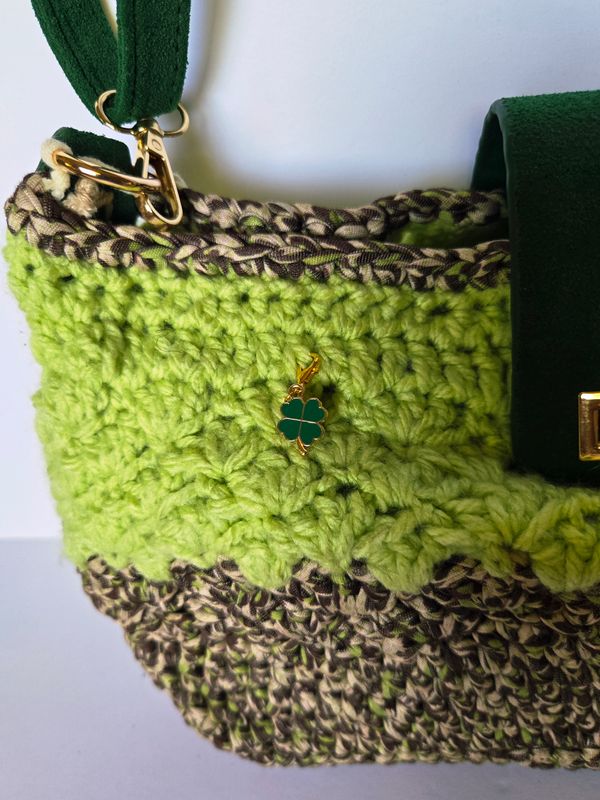 Handmade Lime And Cheetah Print Crocheted Purse With Green Vegan Leather Accents