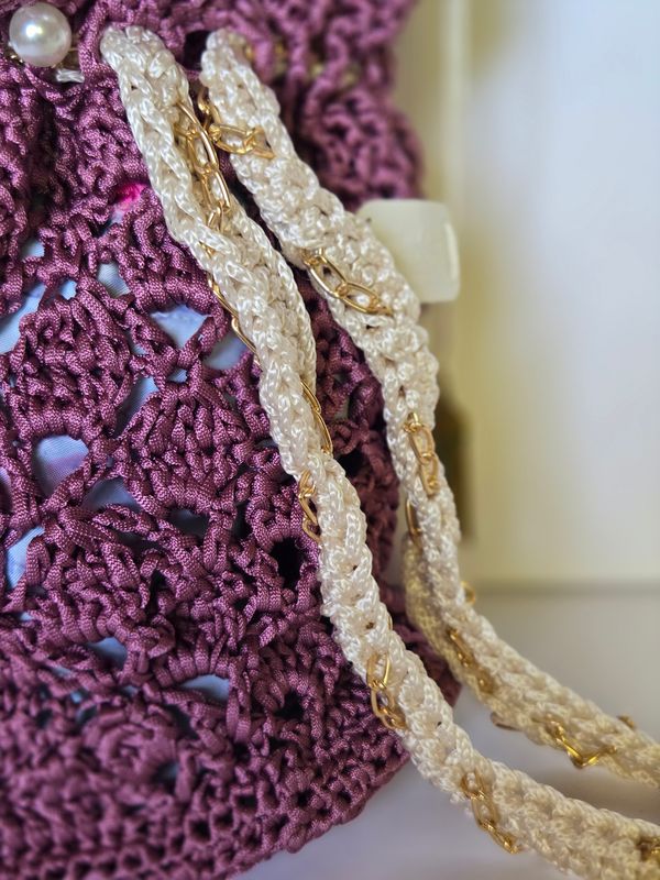 Lavender Hand-Crocheted Drawstring Shoulder Bag with Gold Chain Accents