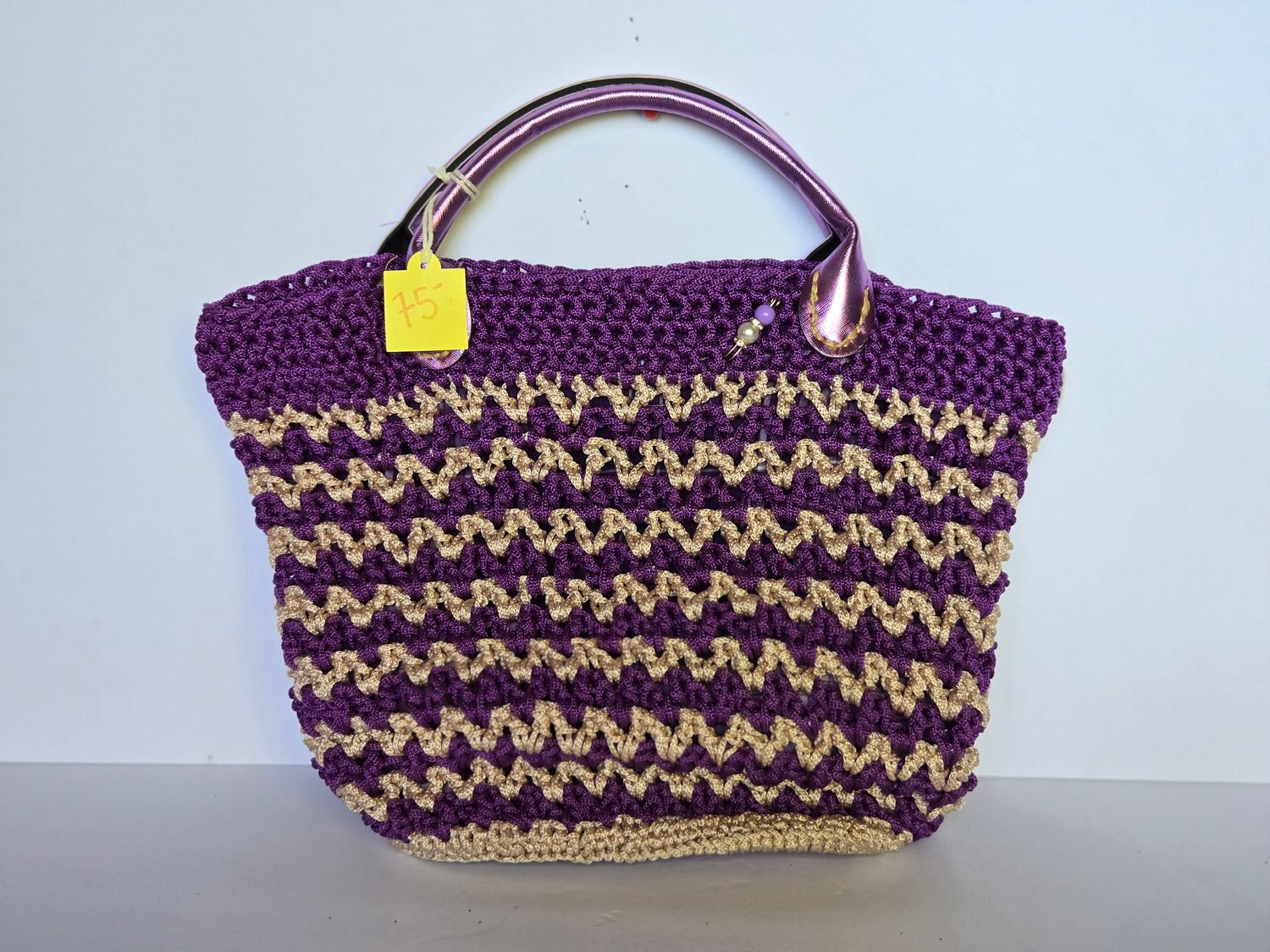 Large Hand Crocheted Purple and Gold Tote Bag with Top  Handles, Fully Lined