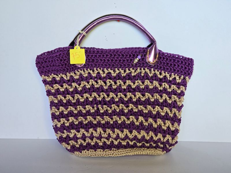 Large Hand Crocheted Purple and Gold Tote Bag with Top  Handles, Fully Lined