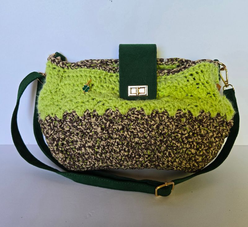 Handmade Lime And Cheetah Print Crocheted Purse With Green Vegan Leather Accents