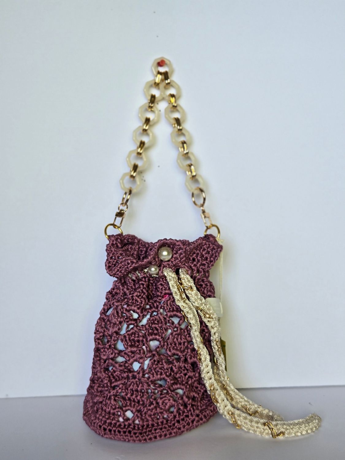 Lavender Hand-Crocheted Drawstring Shoulder Bag with Gold Chain Accents