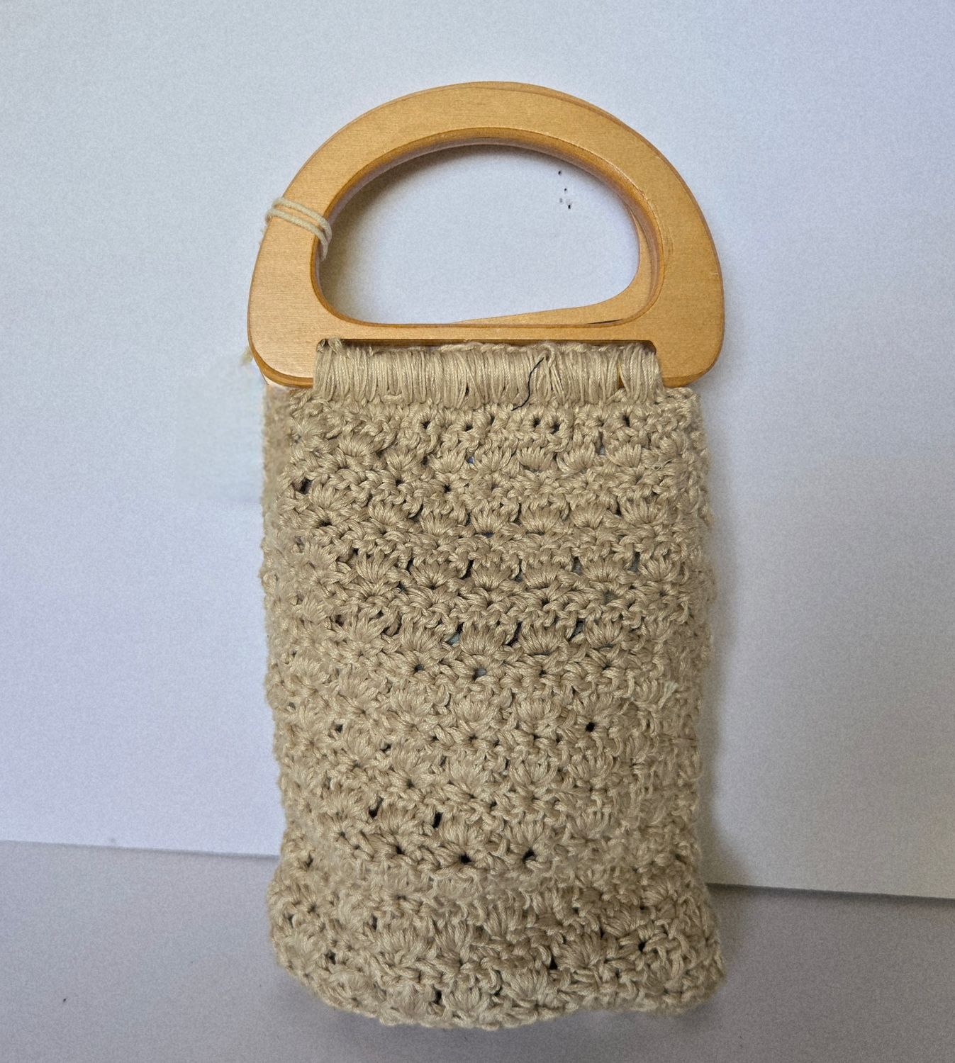 Cream Crocheted &quot;Granny&quot; Bag, Fully Lined with Wooden Handles