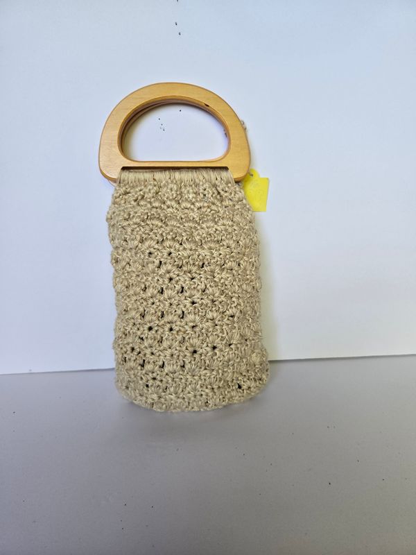 Cream Crocheted "Granny" Bag, Fully Lined with Wooden Handles