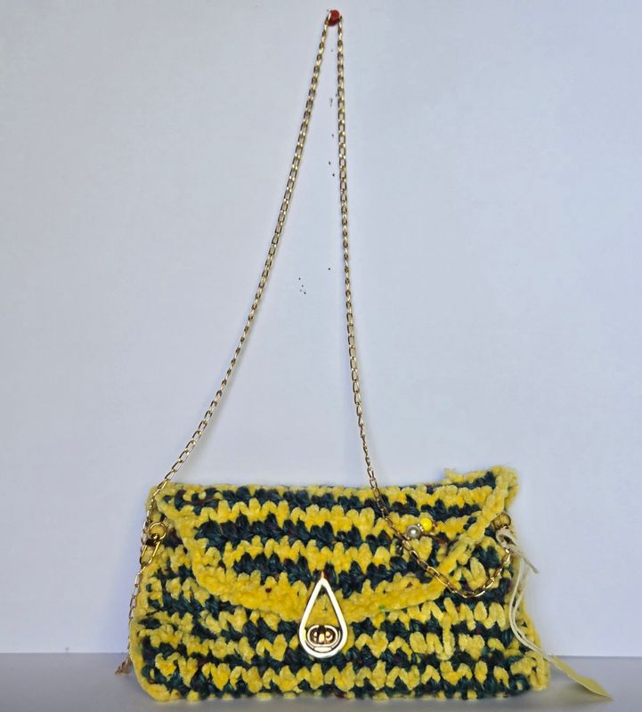 Fuzzy Crochet Chenille Clutch Bag with Crossbody Chain
