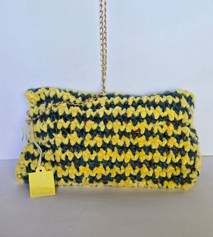 Fuzzy Crochet Chenille Clutch Bag with Crossbody Chain