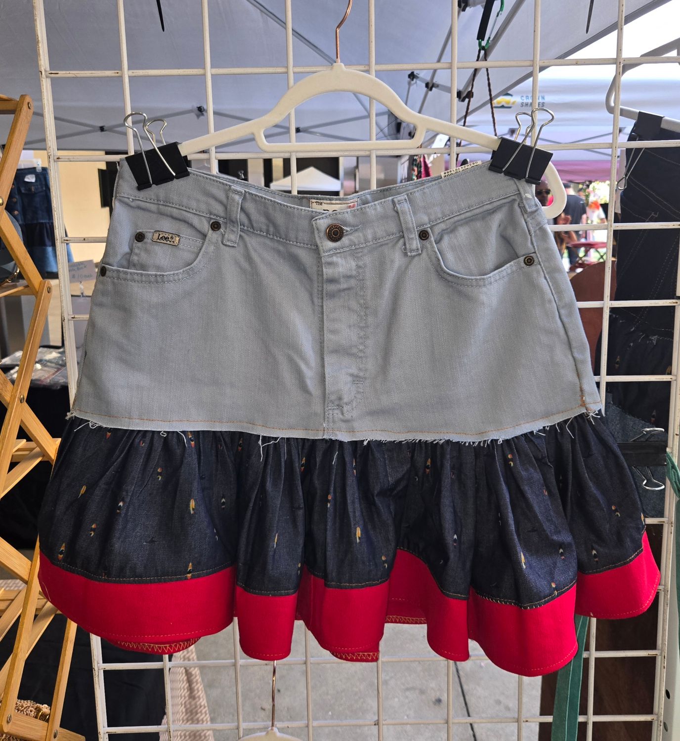 &quot;Boots On the Ground&quot; Vintage Upcycled Skirt with Red Ruffle
