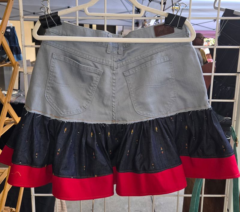 "Boots On the Ground" Vintage Upcycled Skirt with Red Ruffle