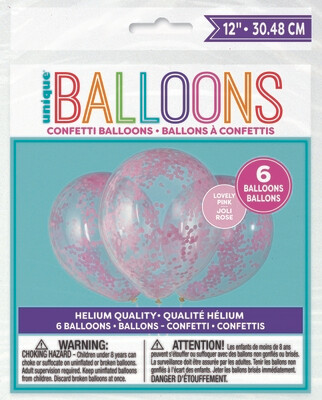 12" Clear Balloons with Pink Confetti (6 balloons per bag)