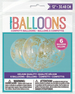 12" Clear Balloons with Gold Confetti (6 balloons per bag)