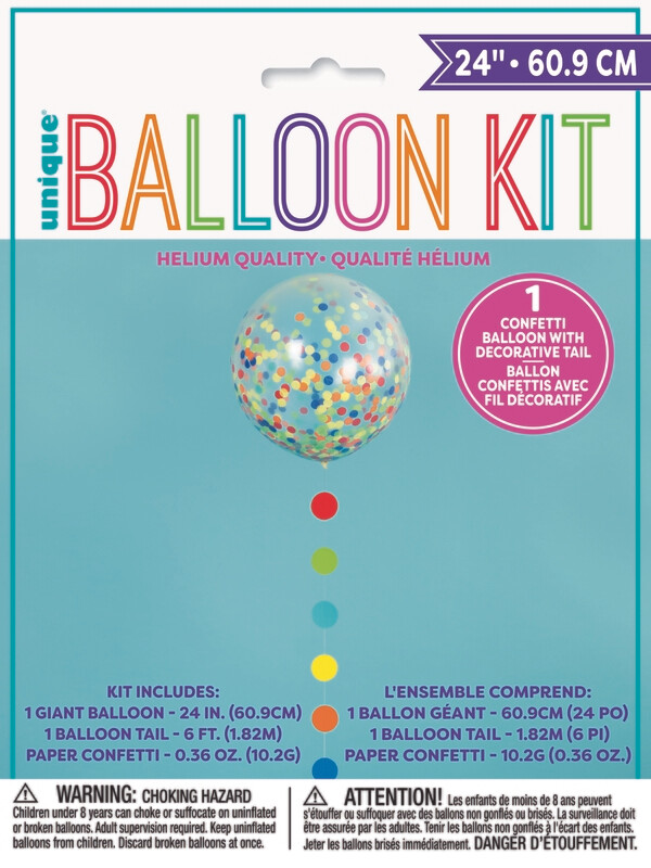 24" Clear Balloons with Rainbow Colored Confetti and Balloon Tail (1 balloon per bag)