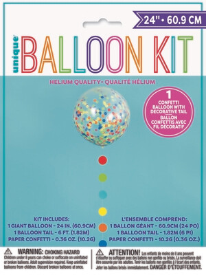 24" Clear Balloons with Rainbow Colored Confetti and Balloon Tail (1 balloon per bag)