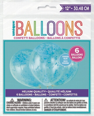 12" Clear Balloons with Blue Confetti (6 balloons per bag)