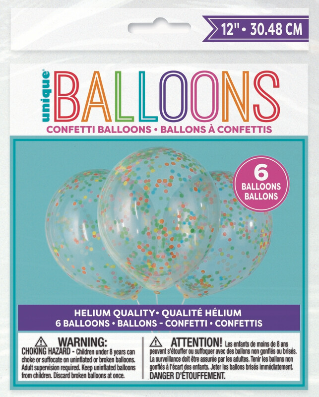 12" Clear Balloons with Multi Colored Confetti (6 balloons per bag)